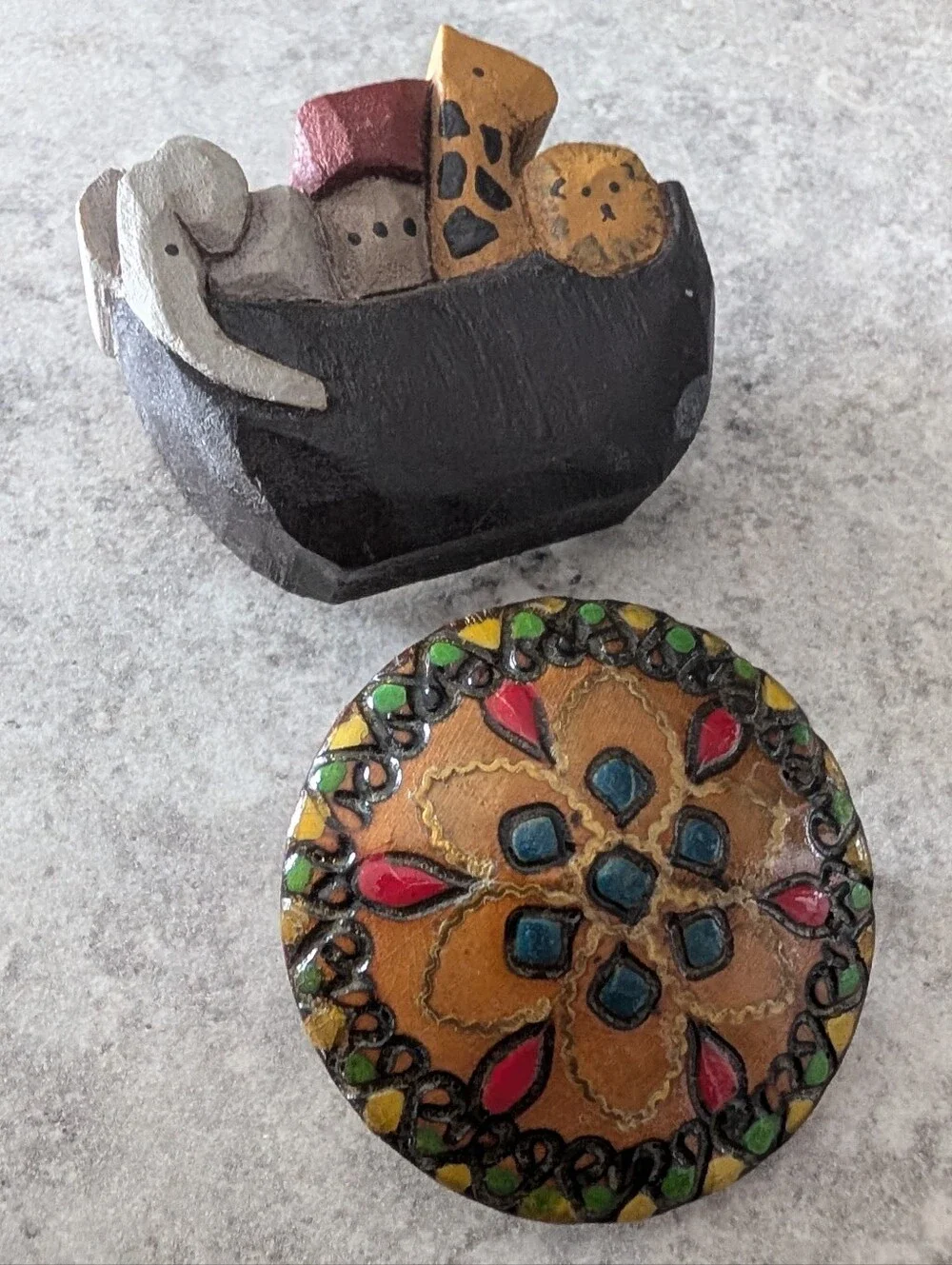 Handcrafted Wooden Brooch Set, Ark With Animals And Floral Mandala
